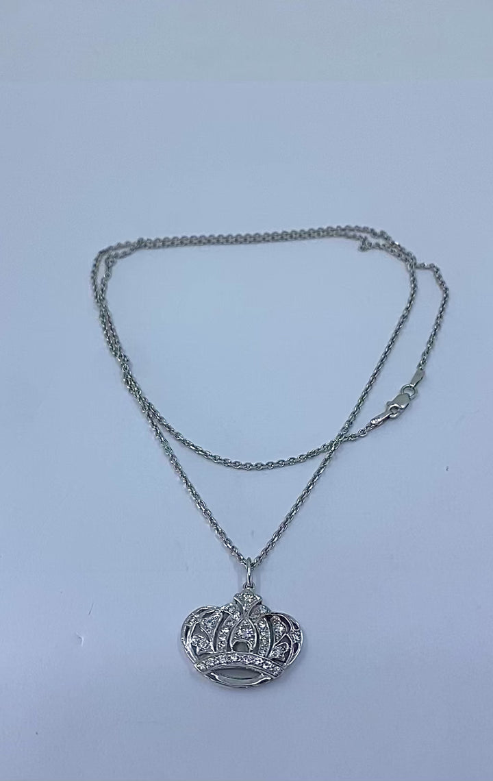 14k White Gold Diamond Crown Pendant Necklace