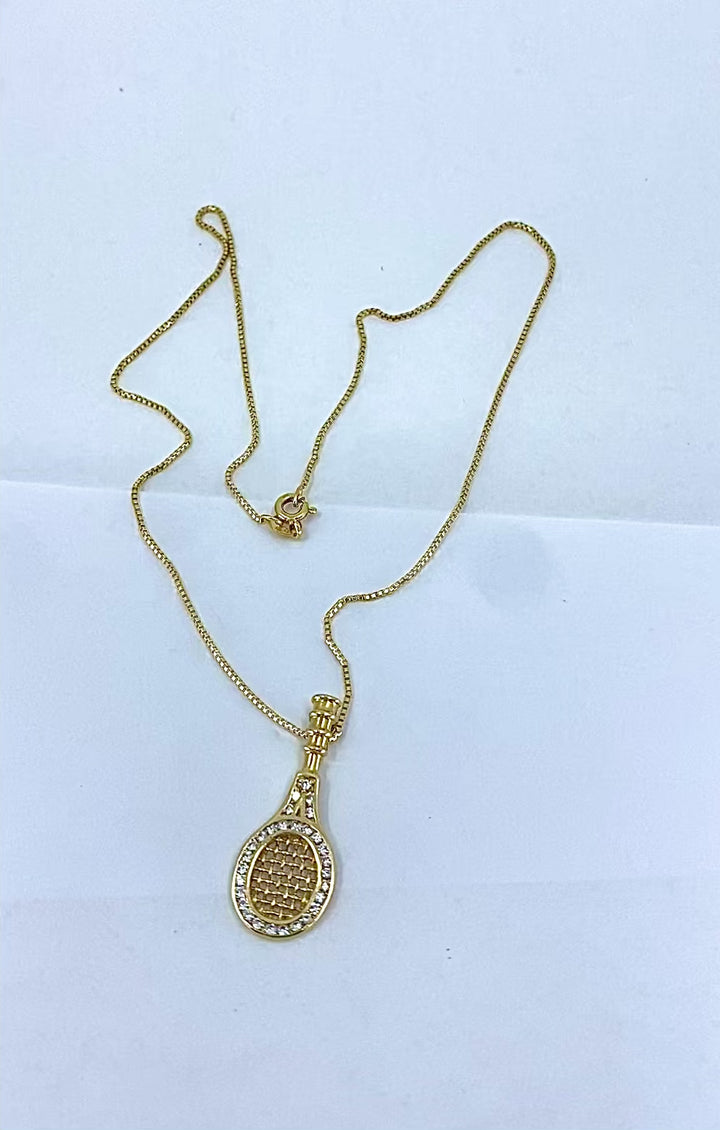 14k Gold Diamond Tennis Racket Pendant Necklace