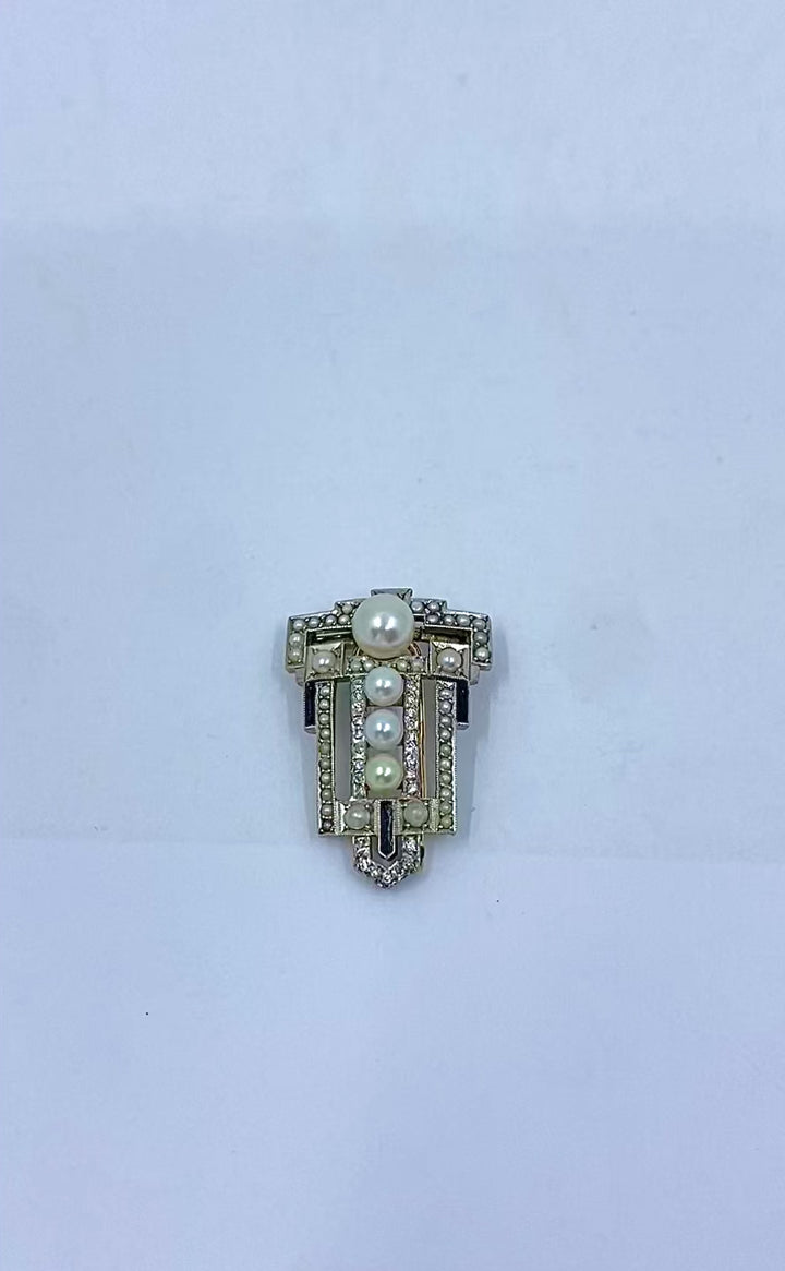 Art Deco Palladium Pearl Diamond Geometric Pin Brooch