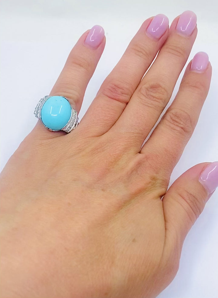 French Turquoise Ring Diamond 18k White Gold