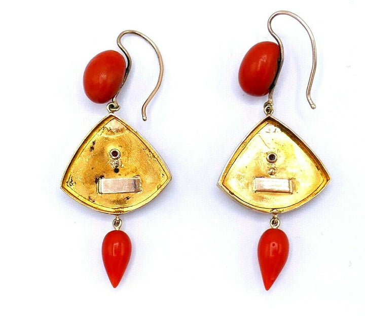 Antique Yellow Rose Gold Carved Coral Fly Earrings