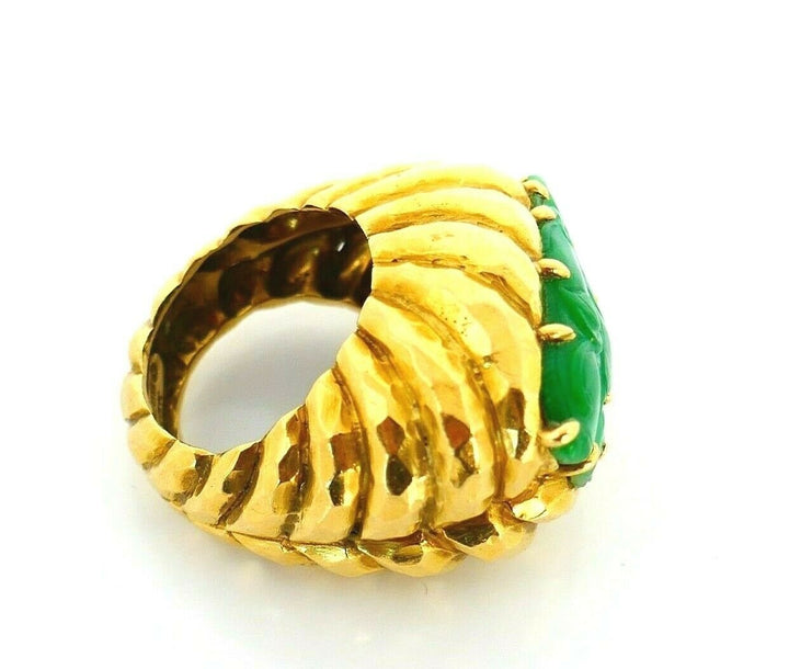 David Webb Yellow Hammered Gold Carved Jade Ring