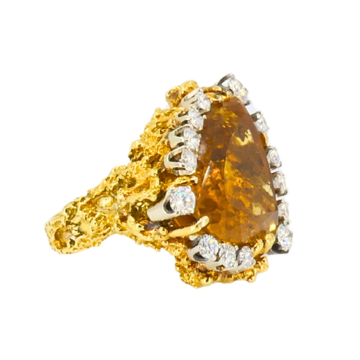 Vintage 18k Gold Citrine Diamond Ring Brutalist Design