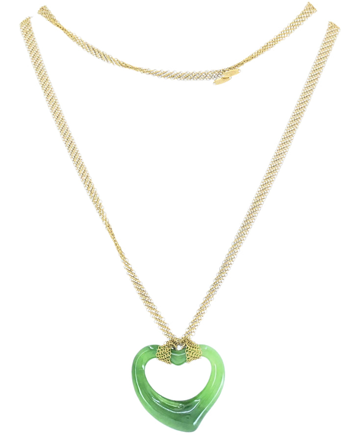 Tiffany & Co. Elsa Peretti 18k Gold Jade Open Heart Pendant Mesh Necklace