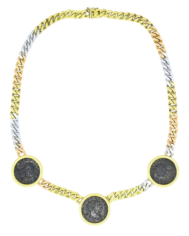 Bvlgari Bulgari Monete Coin Necklace 18k Tri Color Gold Chain Necklace Three Ancient Coins