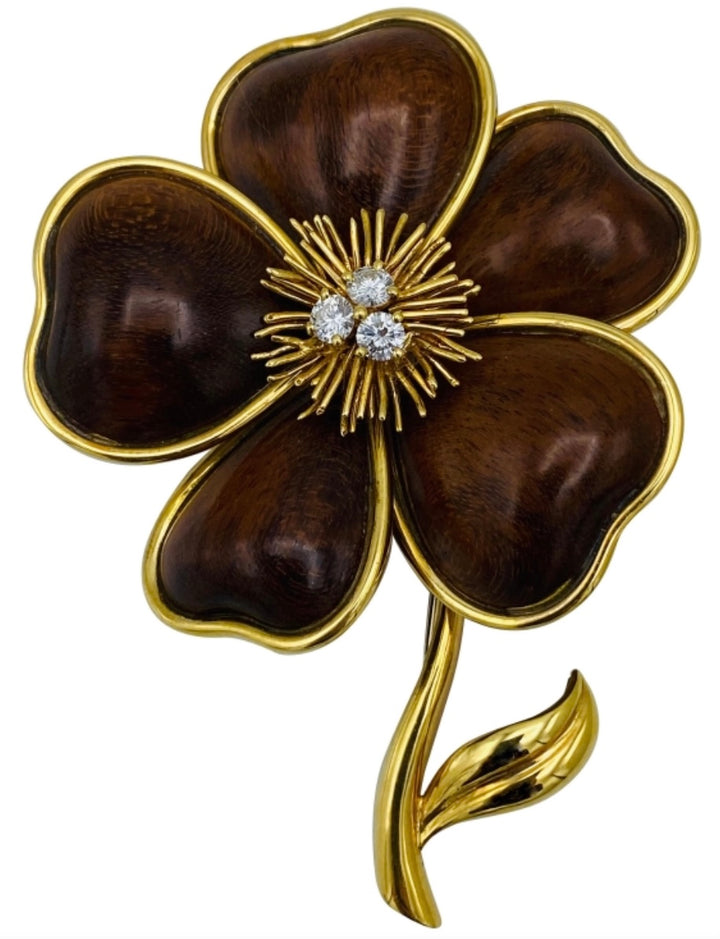 Van Cleef and Arpels Clematis Yellow Gold, Wood and Diamond Flower Clip Brooch