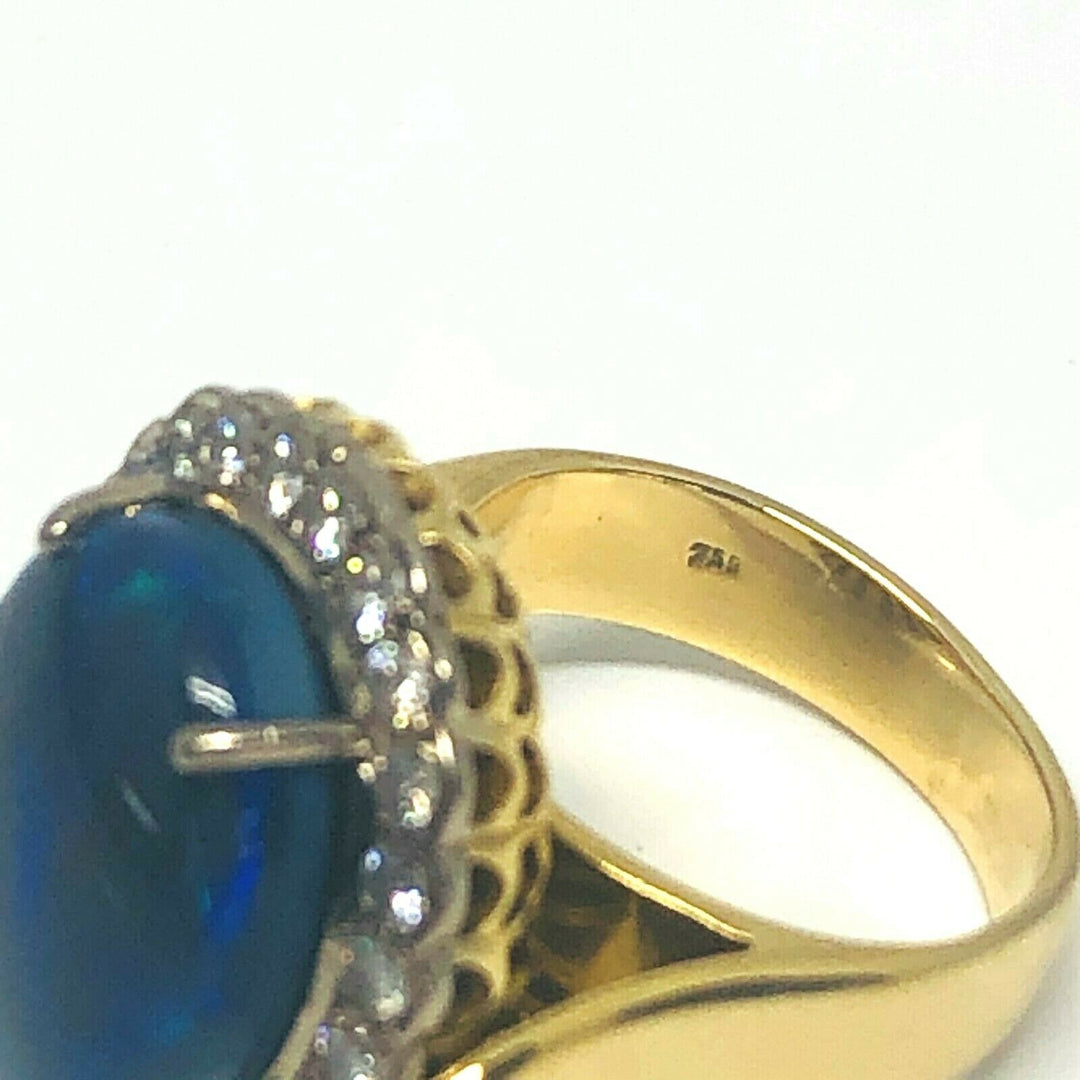 18K Yellow Gold Oval Cabochon Natural Black Opal and Diamond Ring