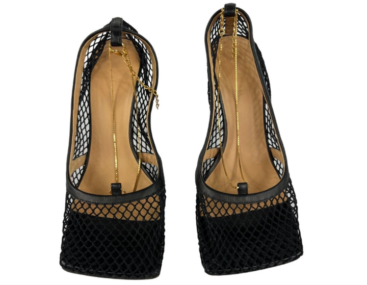 Bottega Veneta Black Stretch Mesh and Leather Square Toe Pump Heels, Size 39