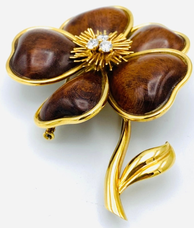 Van Cleef and Arpels Clematis Yellow Gold, Wood and Diamond Flower Clip Brooch