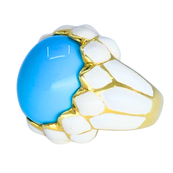 David Webb Ring 18k Gold White Enamel Turquoise Cocktail Ring