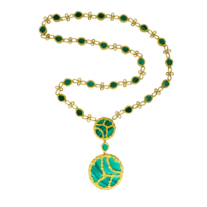 1980s Mauboussin Paris 18k Gold Malachite Pendant Necklace