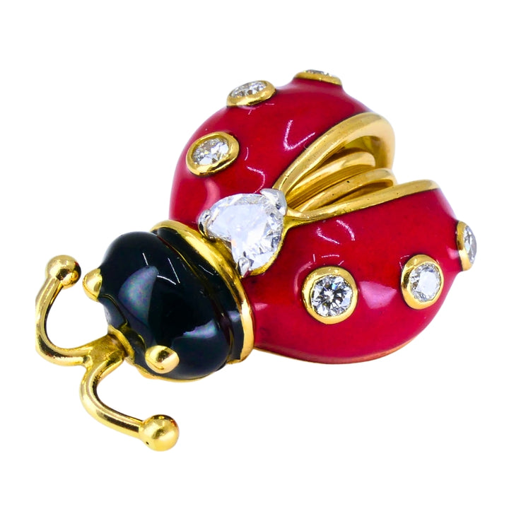 Vintage 1950s Oscar Heyman Ladybug Pin 18k gold Diamond Enamel