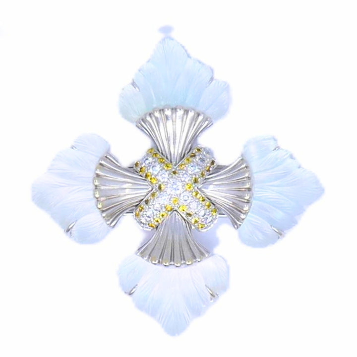 Seaman Schepps 18k Gold Diamond Maltese Cross Brooch Carved Rock Crystal Sapphire