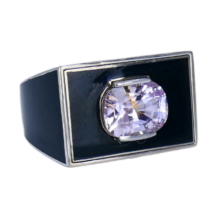 Vintage 18k White Gold Pink Sapphire Black Enamel Ring