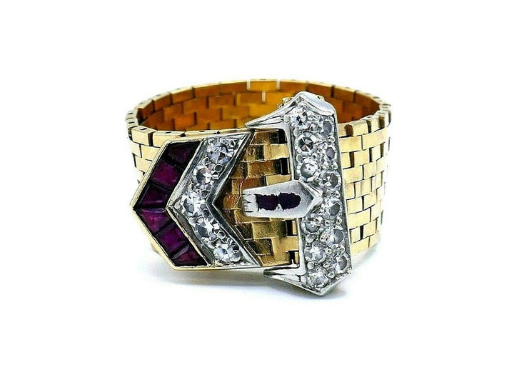 Retro Yellow Gold Diamond Ruby Enamel Buckle Ring