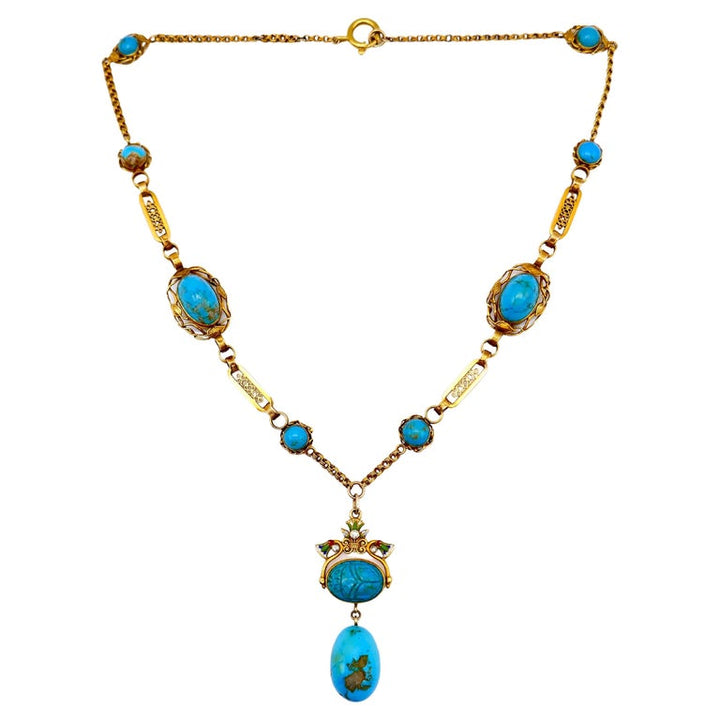 Antique Yellow Gold Diamond Enamel Turquoise Scarab Necklace