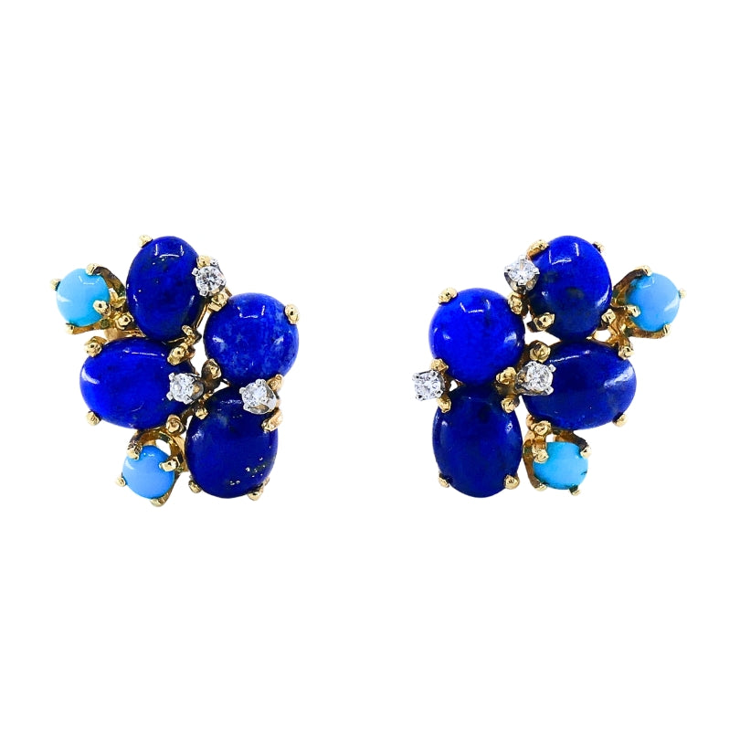 Vintage 14k Gold Lapis Lazuli Turquoise Diamond Brooch & Earrings Set