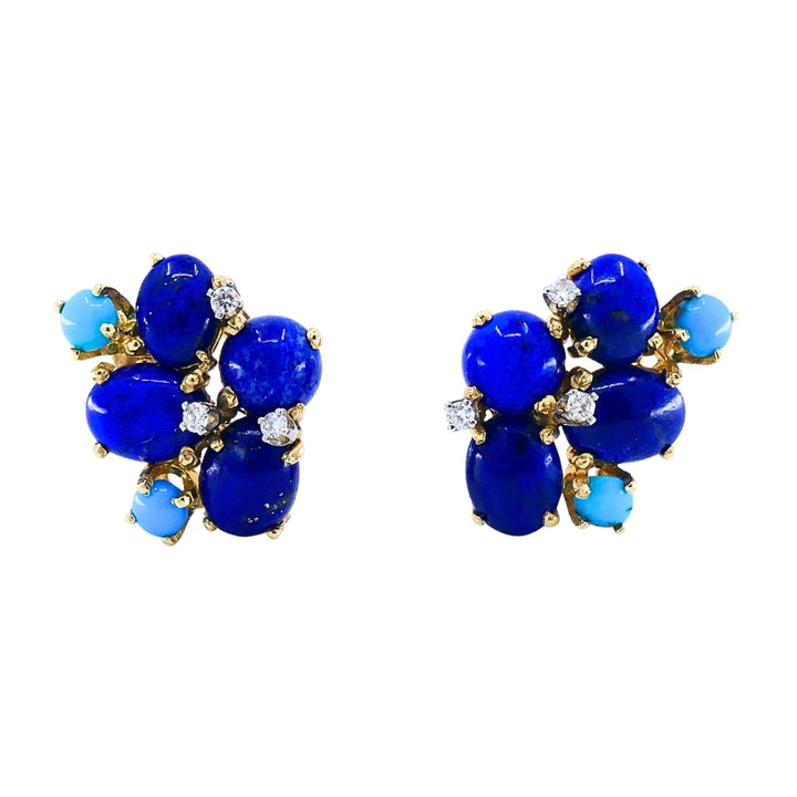 Vintage 14k Gold Lapis Lazuli Turquoise Diamond Brooch & Earrings Set