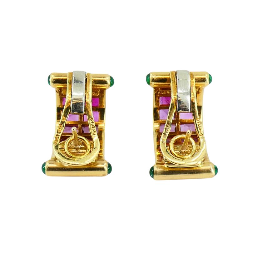 Vintage Bulgari 18k Gold Emerald Pink Tourmaline Earrings