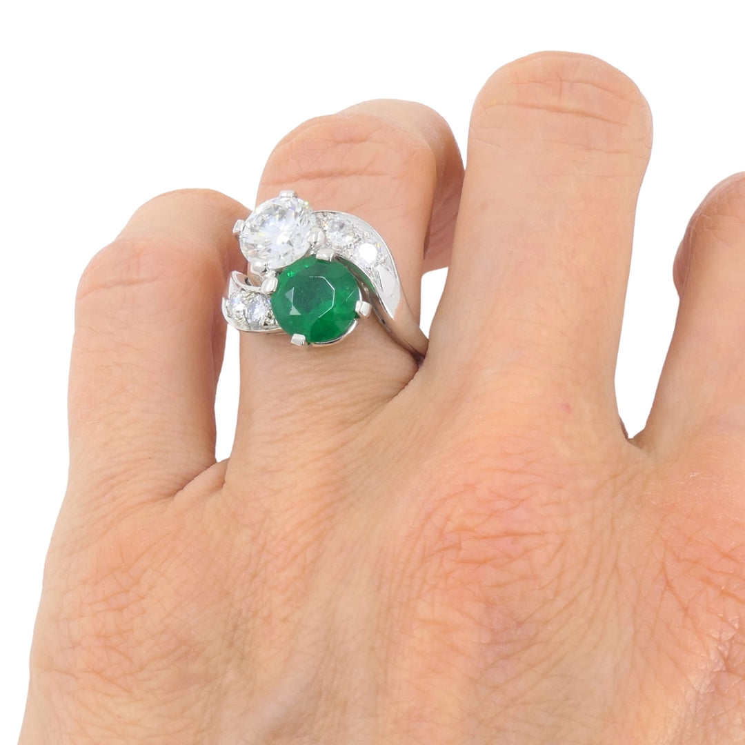 Vintage Platinum Toi et Moi Engagement Ring Diamond Emerald