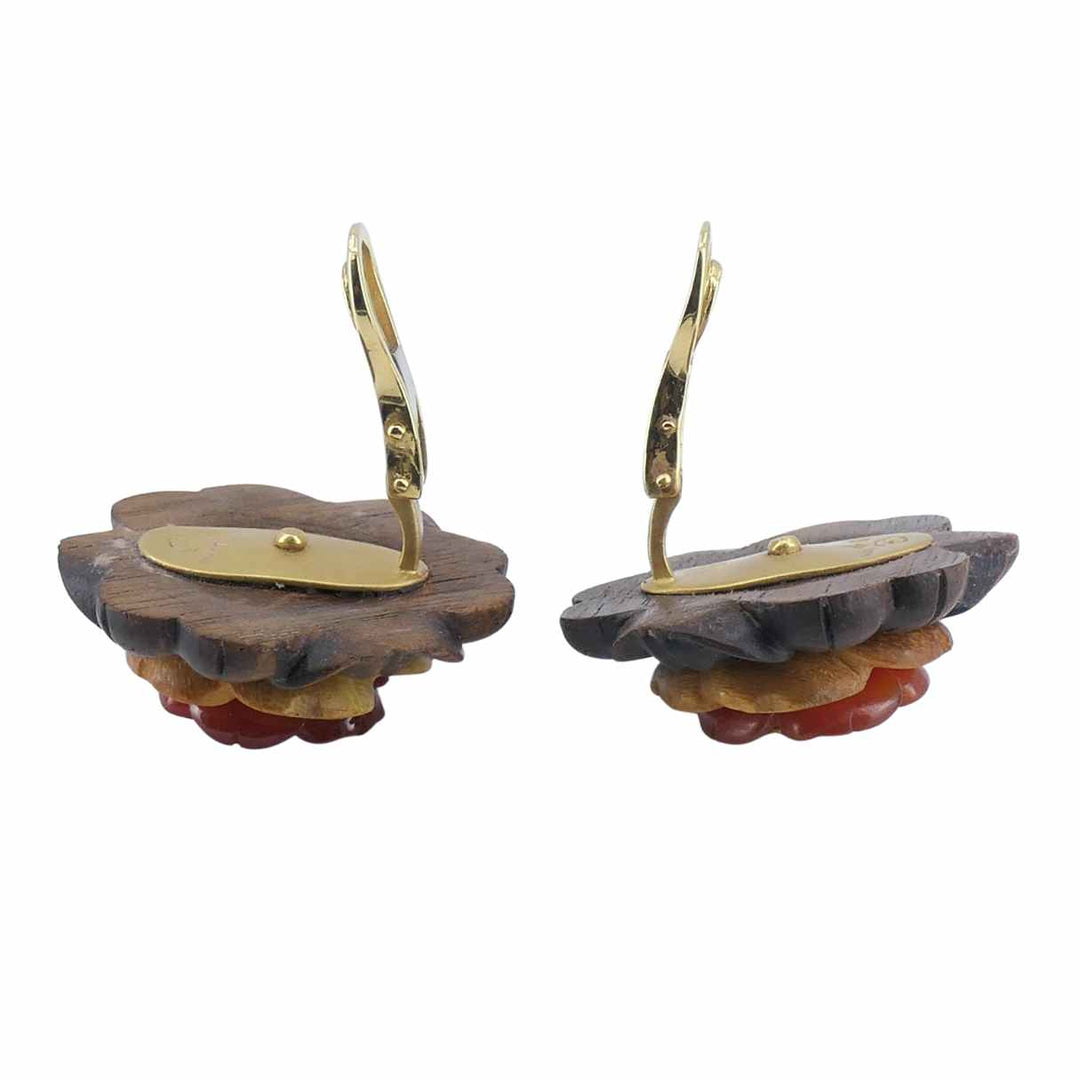 Bettina Gabetti for Trianon Flower Earrings 18k Gold Wood Carnelian Citrine