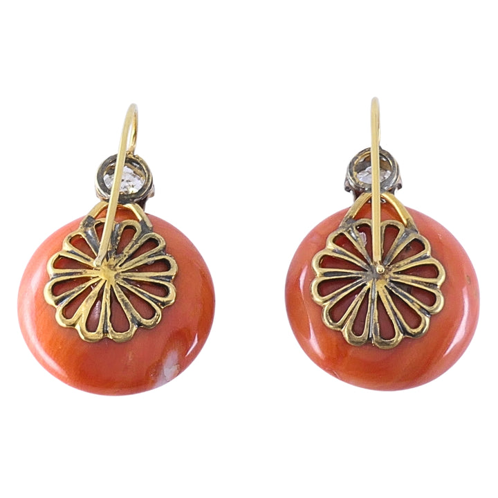Antique Victorian 14k Gold Coral Diamond Drop Earrings, 1890 - 1900