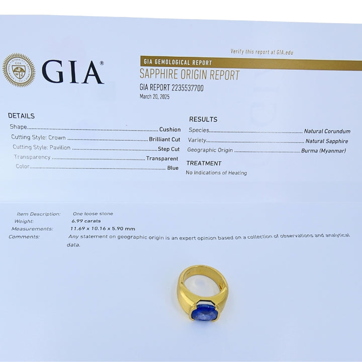 Burma Natural Sapphire 18K Gold Ring GIA Report