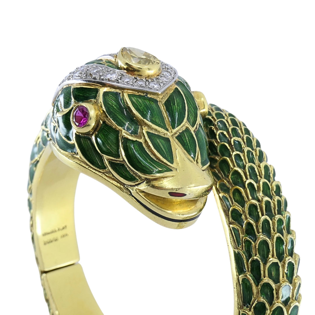Vintage 18k Gold Platinum Snake Bangle Bracelet Diamond Yellow Sapphire Ruby