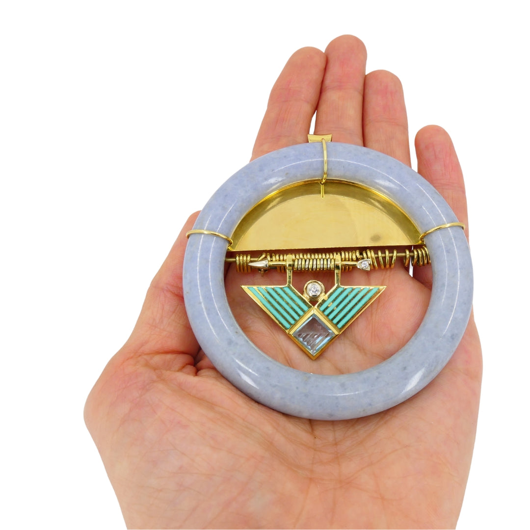 David Webb 1960s Jade Aquamarine Diamond Enamel Gold Brooch Pendant