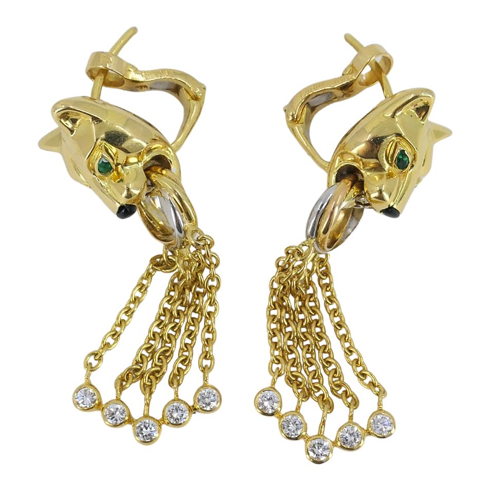 Vintage Panthère de Cartier 18k Gold Diamond Emerald Onyx Earrings