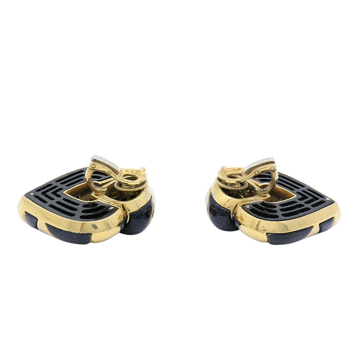 Marina B 18k Gold Black Enamel Heart Earrings Vintage Italian Designer Clip-Ons