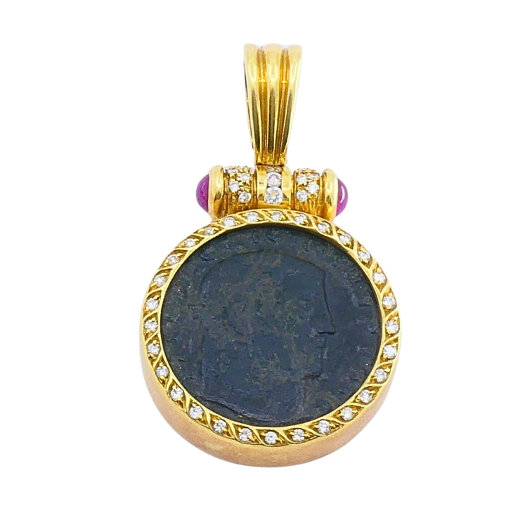 Ancient Coin 18k Gold  Diamond  Ruby Pendant