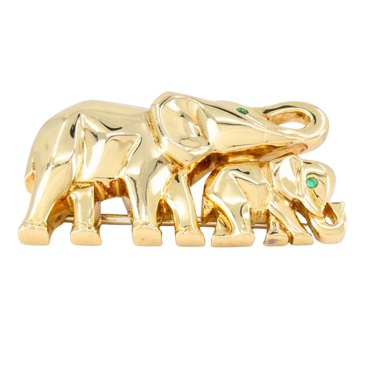 Vintage Cartier Ménagerie 18k Gold Emerald Mother and Baby Elephant Brooch