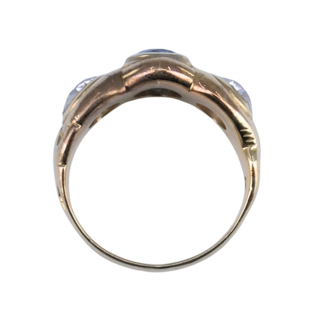 Antique 14k Gold Sapphire Old European Cut Diamond Three Stone Ring