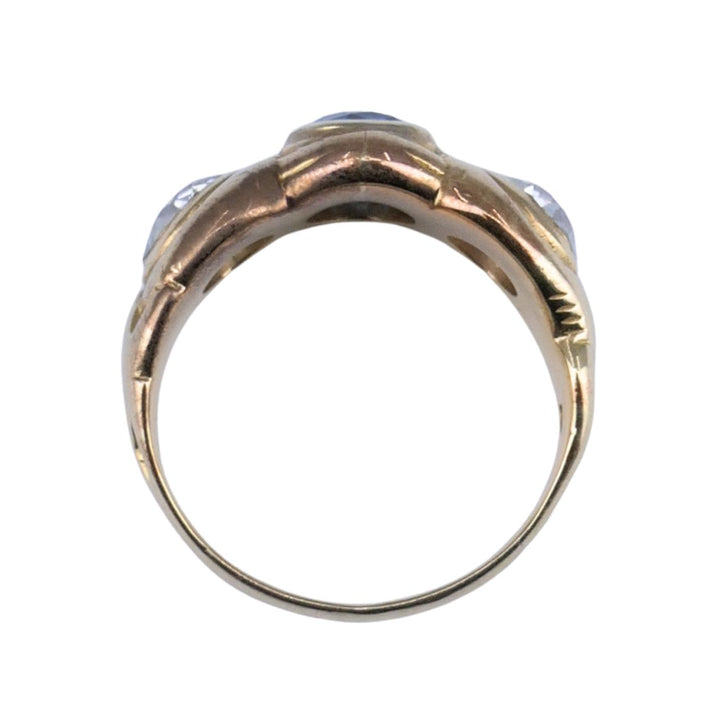 Antique 14k Gold Sapphire Old European Cut Diamond Three Stone Ring