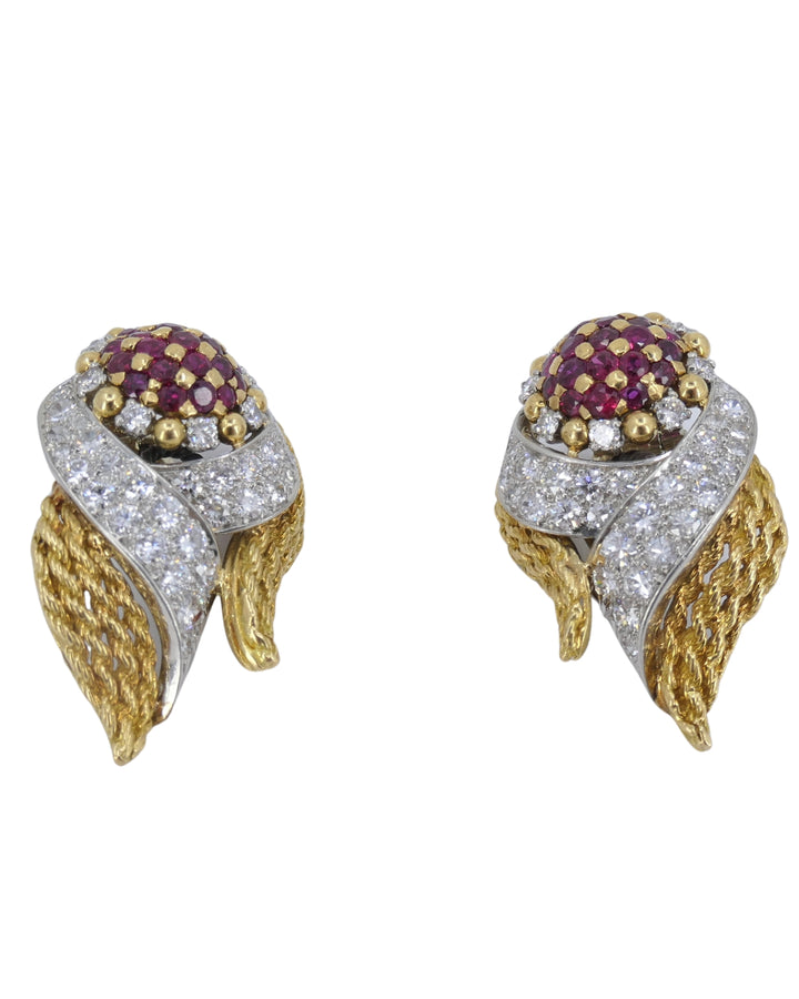 Lacloche Clip On Earrings 18k Yellow & White Gold Ruby and Diamond Earrings