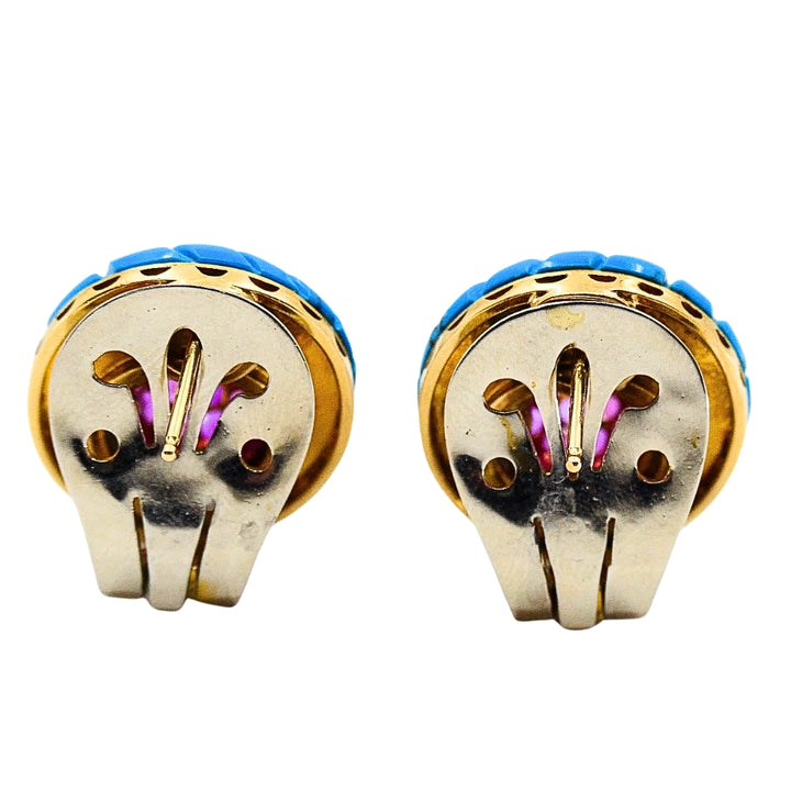 Vintage Carved Turquoise 18k Gold Ruby Stud Earrings