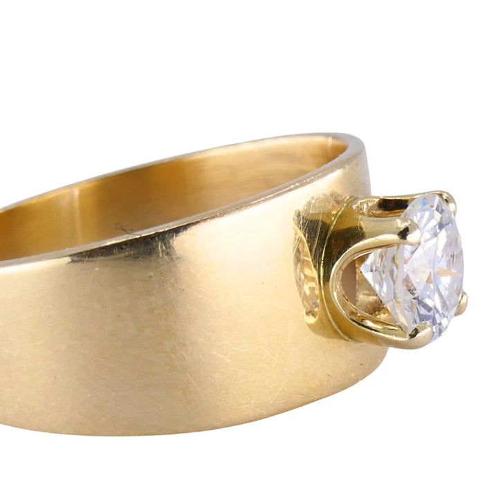 Vintage 1970s 14k Yellow Gold Round Brilliant Solitaire Diamond Wide Band Ring