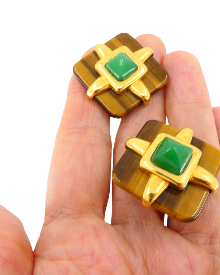 Aldo Cipullo Tiger’s Eye Earrings Chrysoprase 18k Gold Rhombus Shaped Earrings