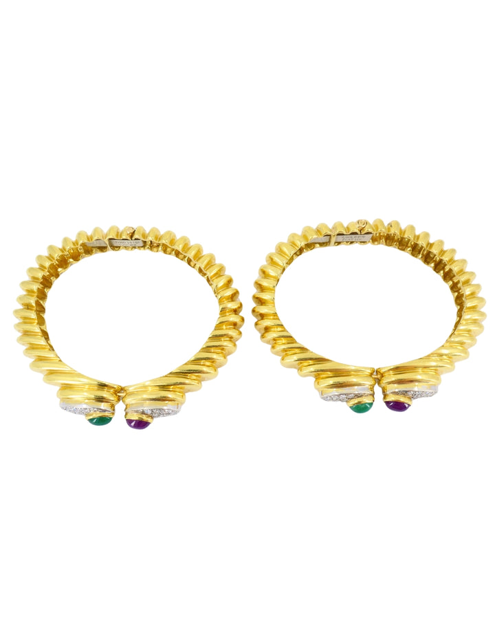 David Webb Pair of 18k Gold Bracelets Platinum Diamond Gemstone Cabochons