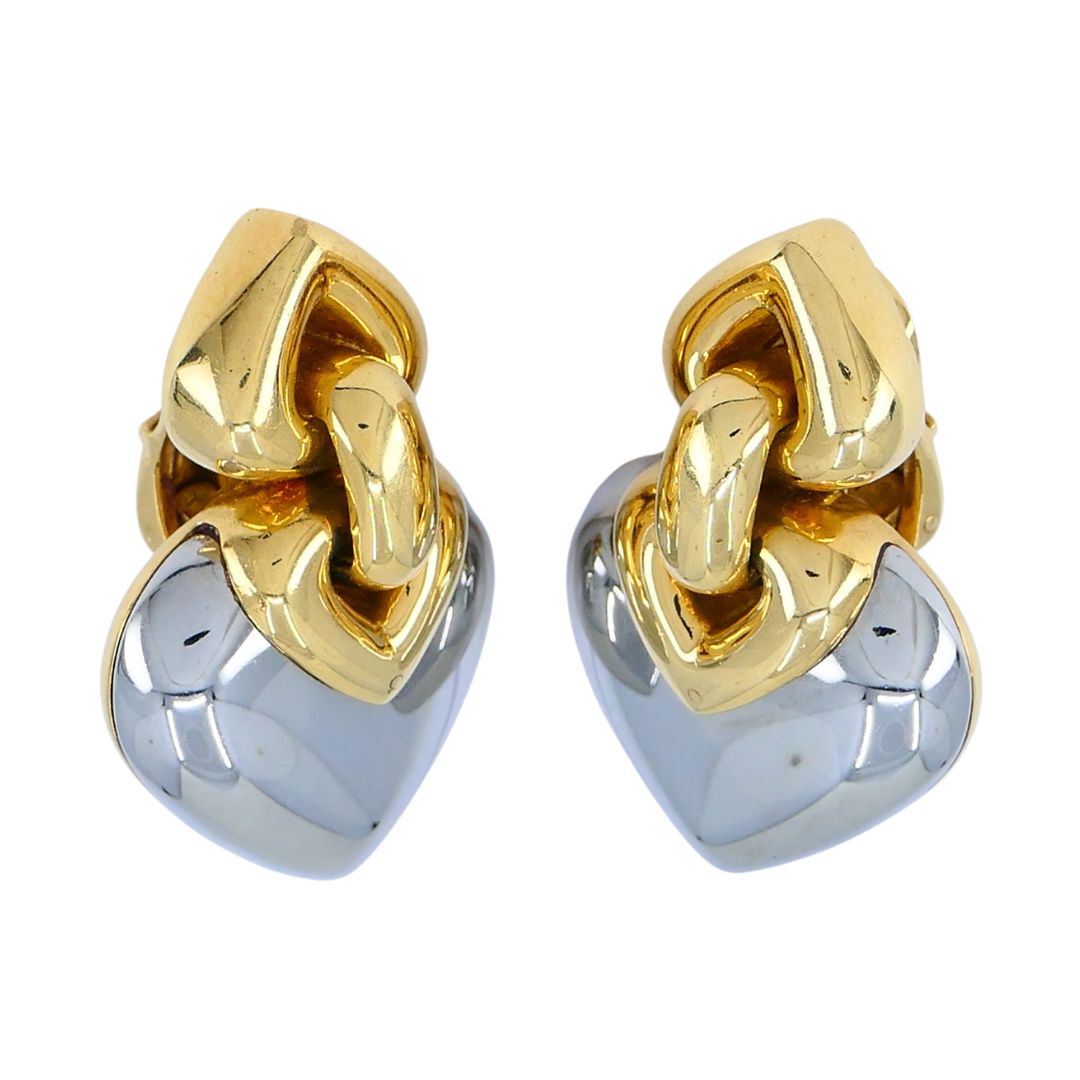 Vintage Bvlgari 18k Gold Steel Doppio Cuore Heart Earrings