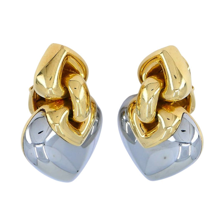Vintage Bvlgari 18k Gold Steel Doppio Cuore Heart Earrings