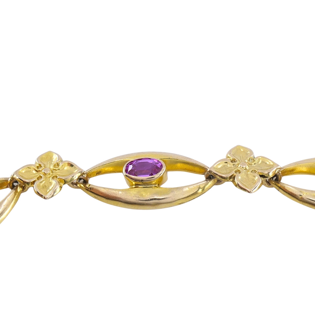 British 9k Yellow Gold Pink Sapphire Link Bracelet