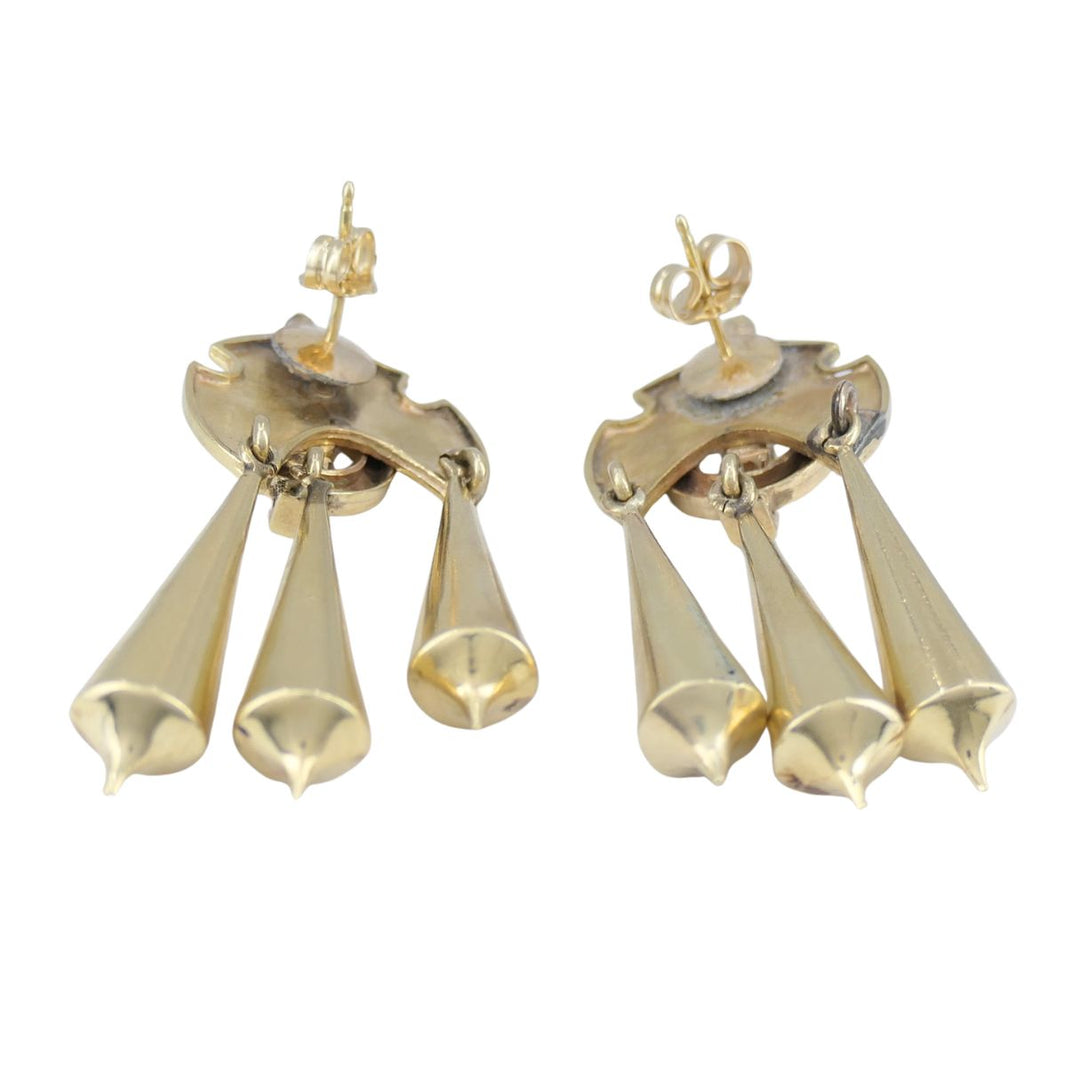 Victorian 14k Gold Enamel Seed Pearl Mechanical Drop Earrings