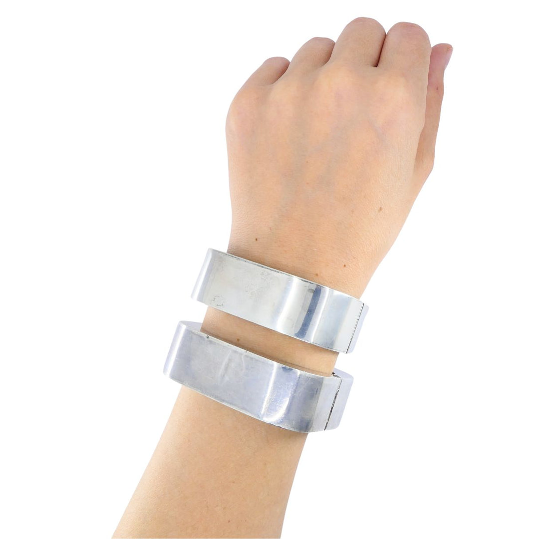 Vintage Sterling Silver Mexico Geometric Hinge Bracelet Pair