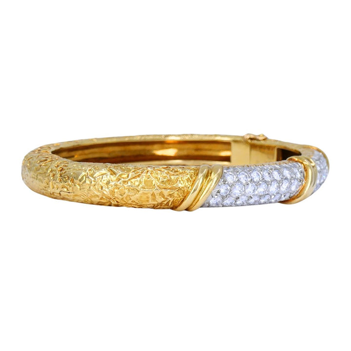 Vintage Van Cleef & Arpels 18k Gold Platinum Diamond Hinged Bangle Bracelet