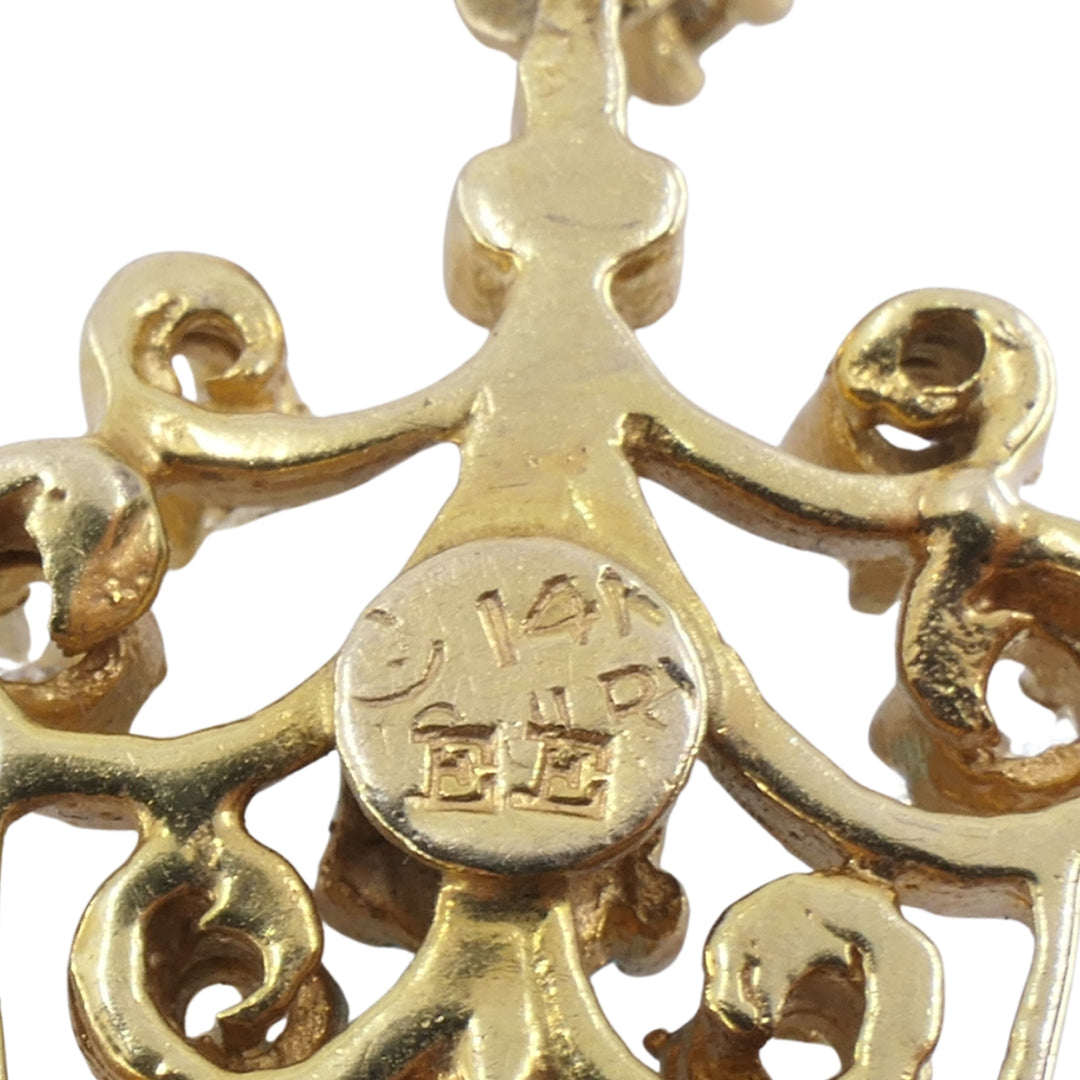 14k Yellow Gold Turquoise Diamond Scrollwork Drop Earrings