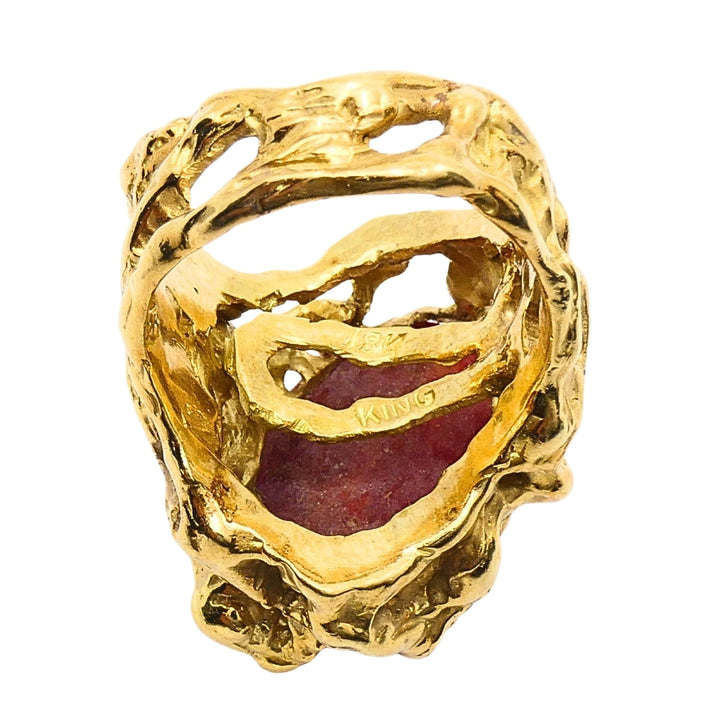 Arthur King 18k Gold Brutalist  Coral Cabochon Cocktail Ring