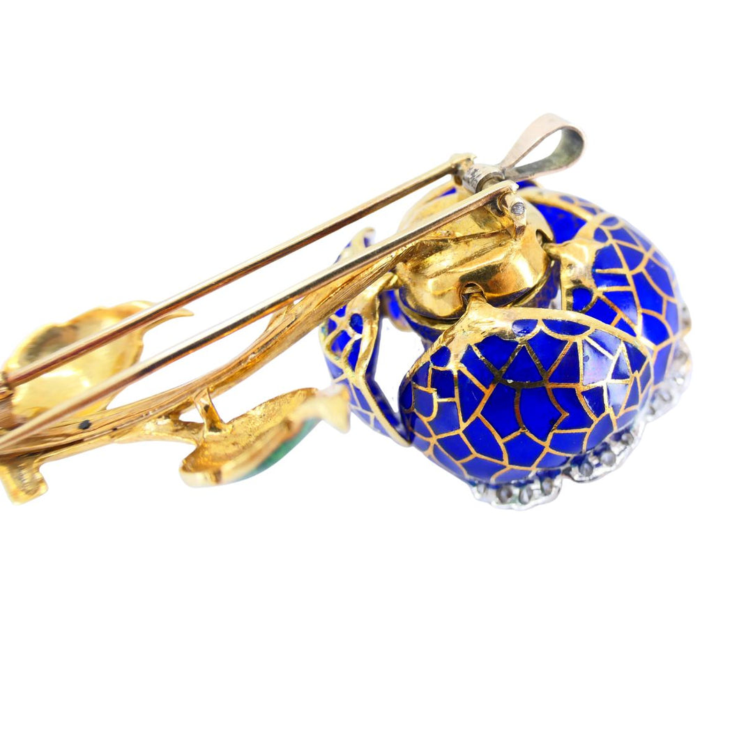 Vintage 18k Gold Diamond Enamel Flower Pendant Clip Brooch