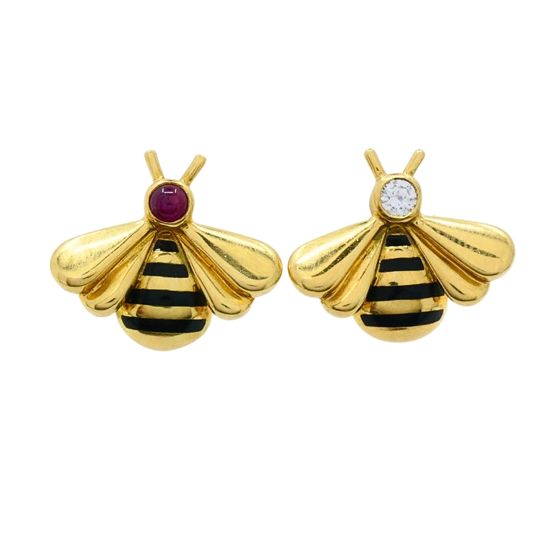 Cartier 18k Gold Bee Stud Earrings Ruby Diamond Accents